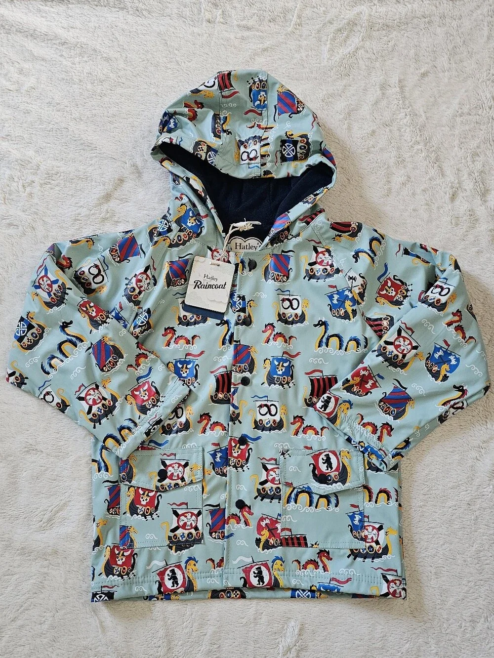 Hatley Light Blue Kids' Hooded Raincoat with Pirate Ship & Sea Creature Print